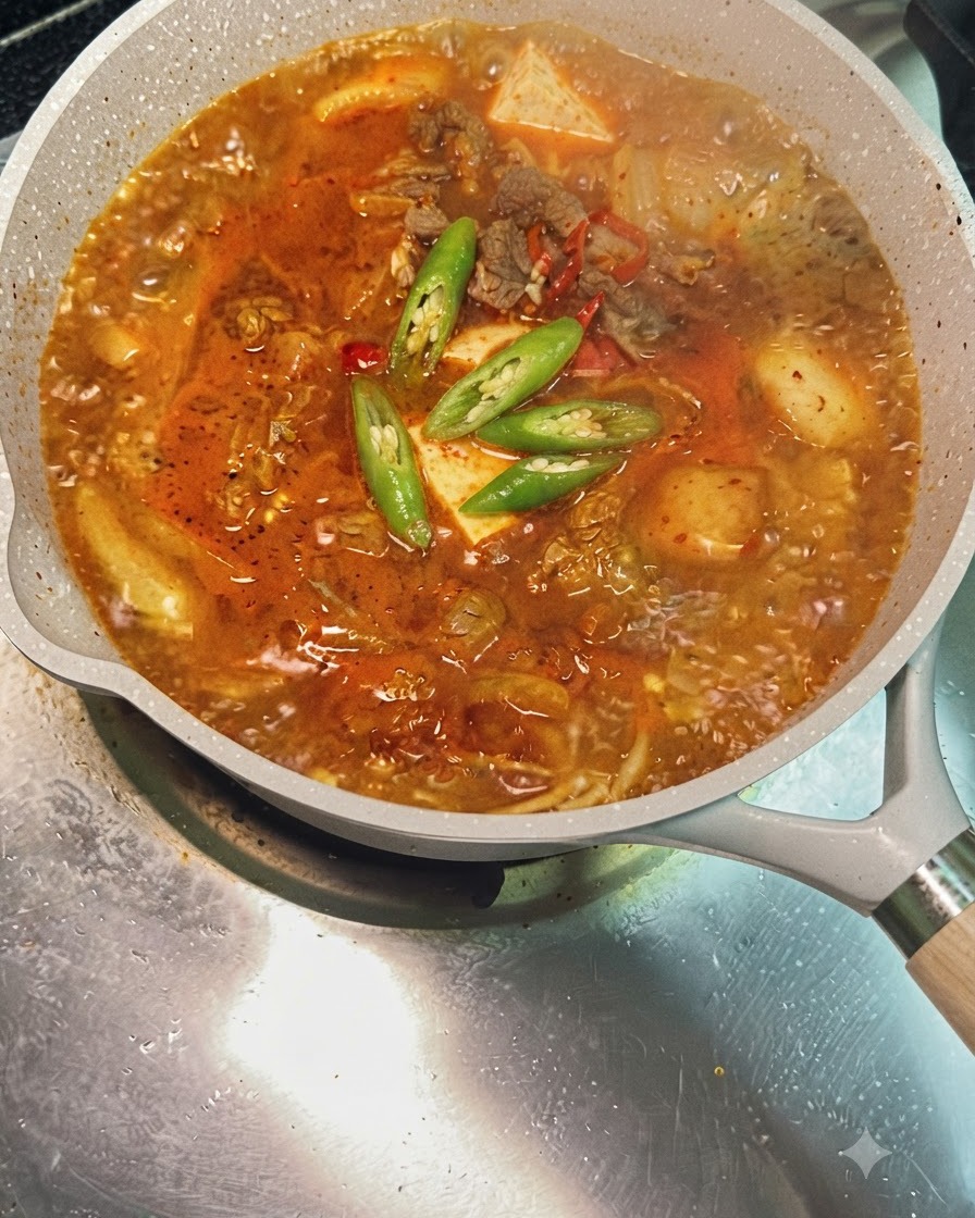 In Scheiben geschnittene grüne und rote Chilischoten schwimmen auf einem brodelnden Topf Kimchi-Rindfleisch-Suppe.