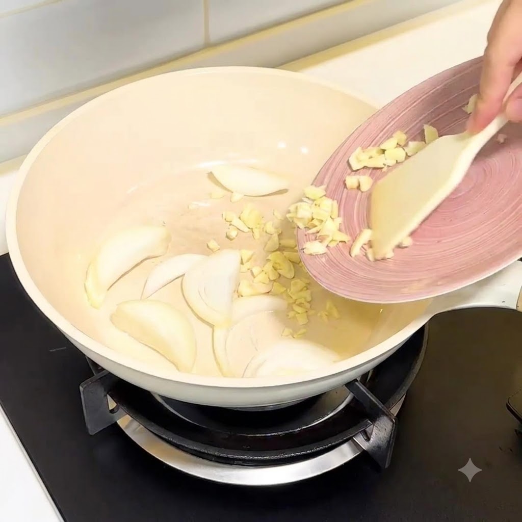 Gehackter Knoblauch und in Scheiben geschnittene Zwiebeln werden in eine weiße Bratpfanne gegeben.