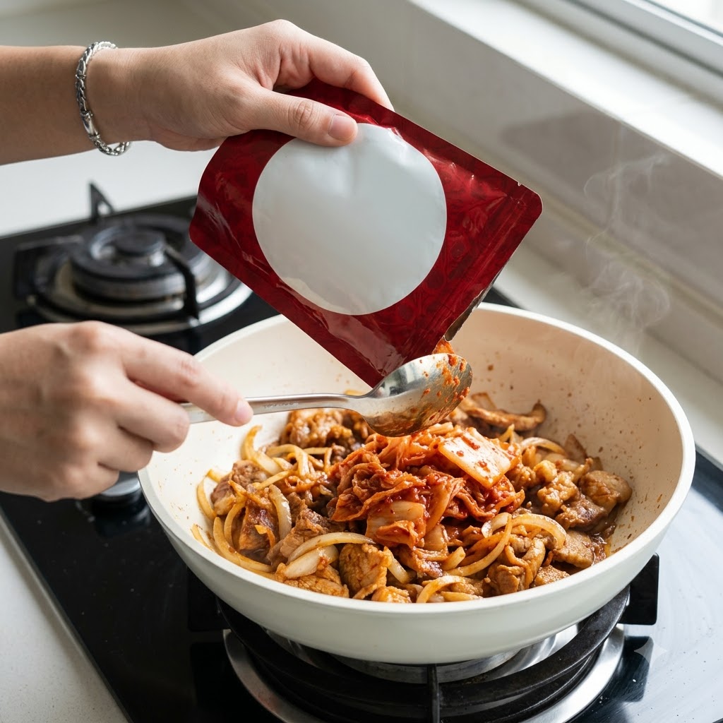 Kimchi wird aus einem roten Beutel in die Bratpfanne geschüttet.