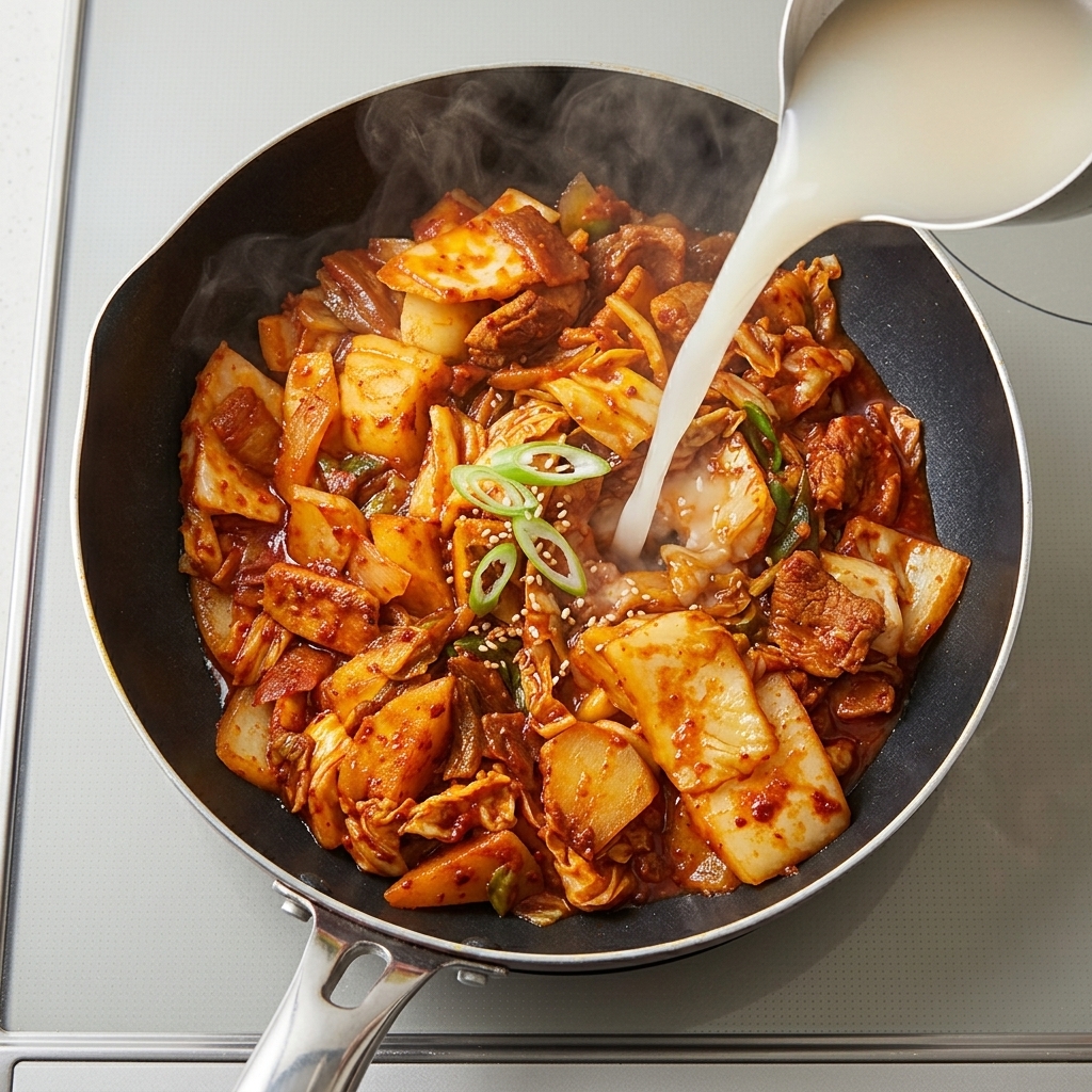 Reiswasser wird in die koechelnde Pfanne ueber Kimchi und Rindfleisch gegossen.