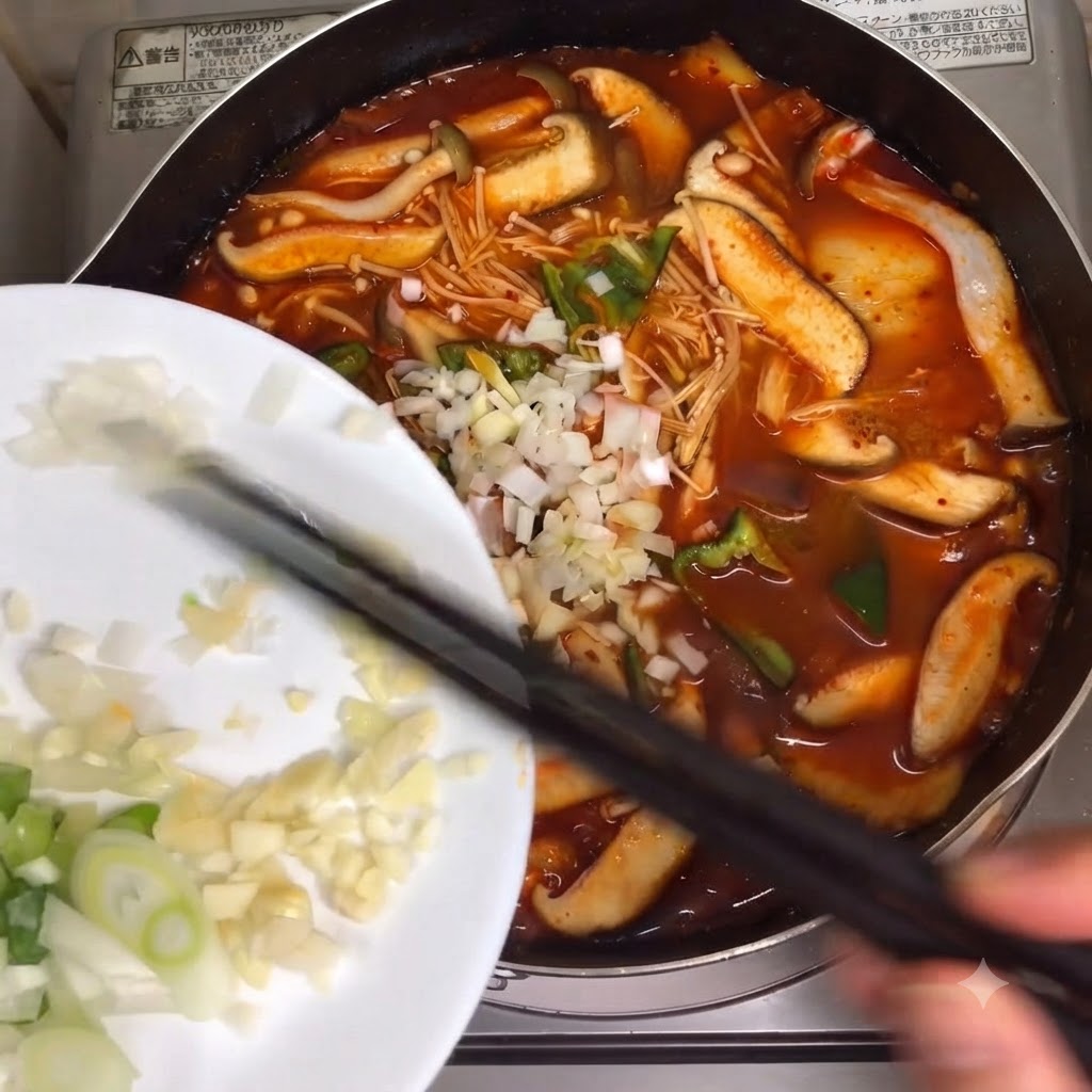 Gehackter Knoblauch und Fruehlingszwiebeln werden mit Staebchen von einem weissen Teller in einen simmering Topf mit Suppe gegeben.