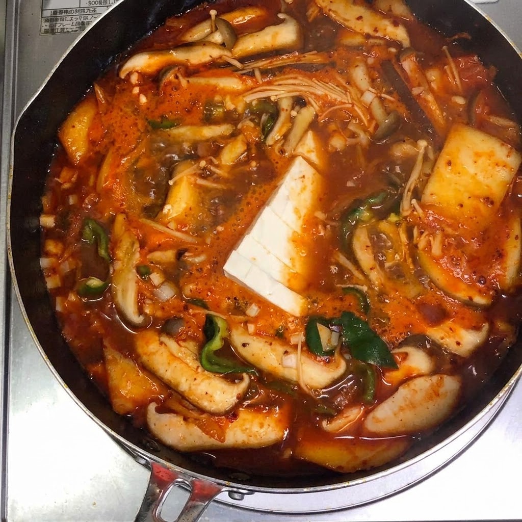 Scheiben aus weissem, festem Tofu werden vorsichtig in die Mitte eines kochenden roten Kimchisuppetopfs gelegt.