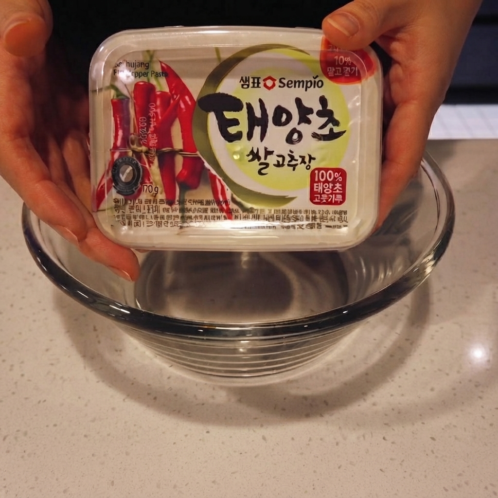 Koreanische rote Chilipaste wird mit einem Löffel in eine Rührschüssel aus Glas geschöpft.