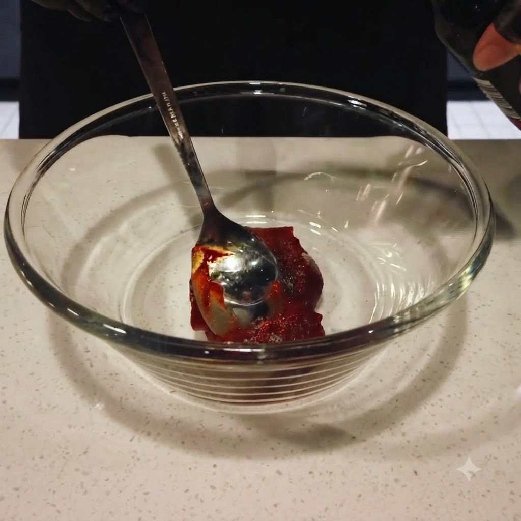Dunkle Sojasauce wird aus einer Flasche in die Glasschüssel mit der Chilipaste gegossen.