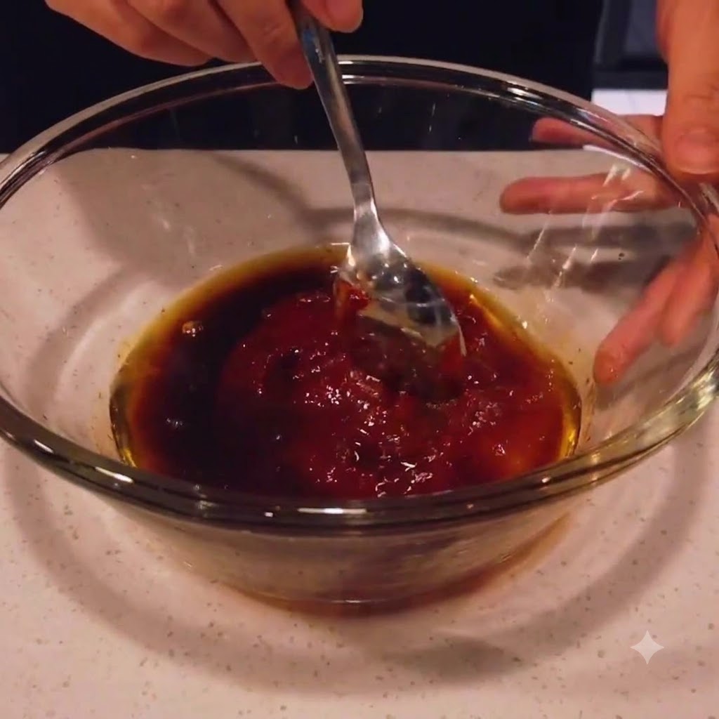 Die Saucenzutaten werden in der Glasschüssel gründlich mit einem Löffel verrührt.