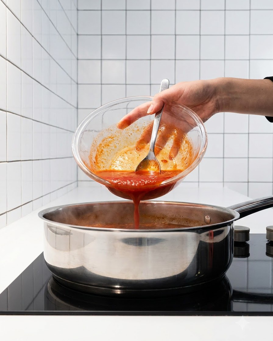Die vorbereitete Saucenmischung wird aus einer Glasschüssel in den Topf mit kochendem Kimchi-Wasser gegossen.