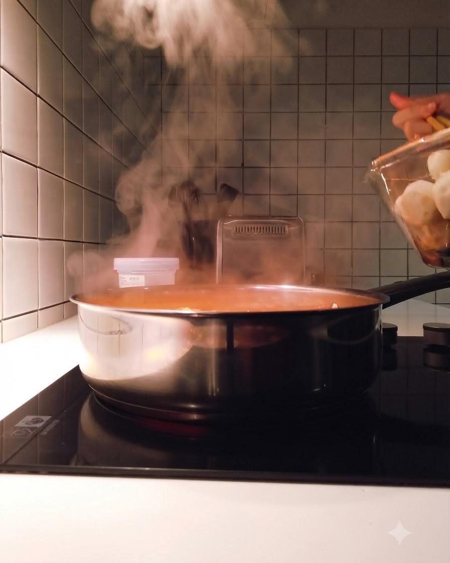 Rindersehnenbällchen, Fischbällchen und Käse-Reiskuchen werden mit Stäbchen in einen kochenden Topf mit Brühe gegeben.