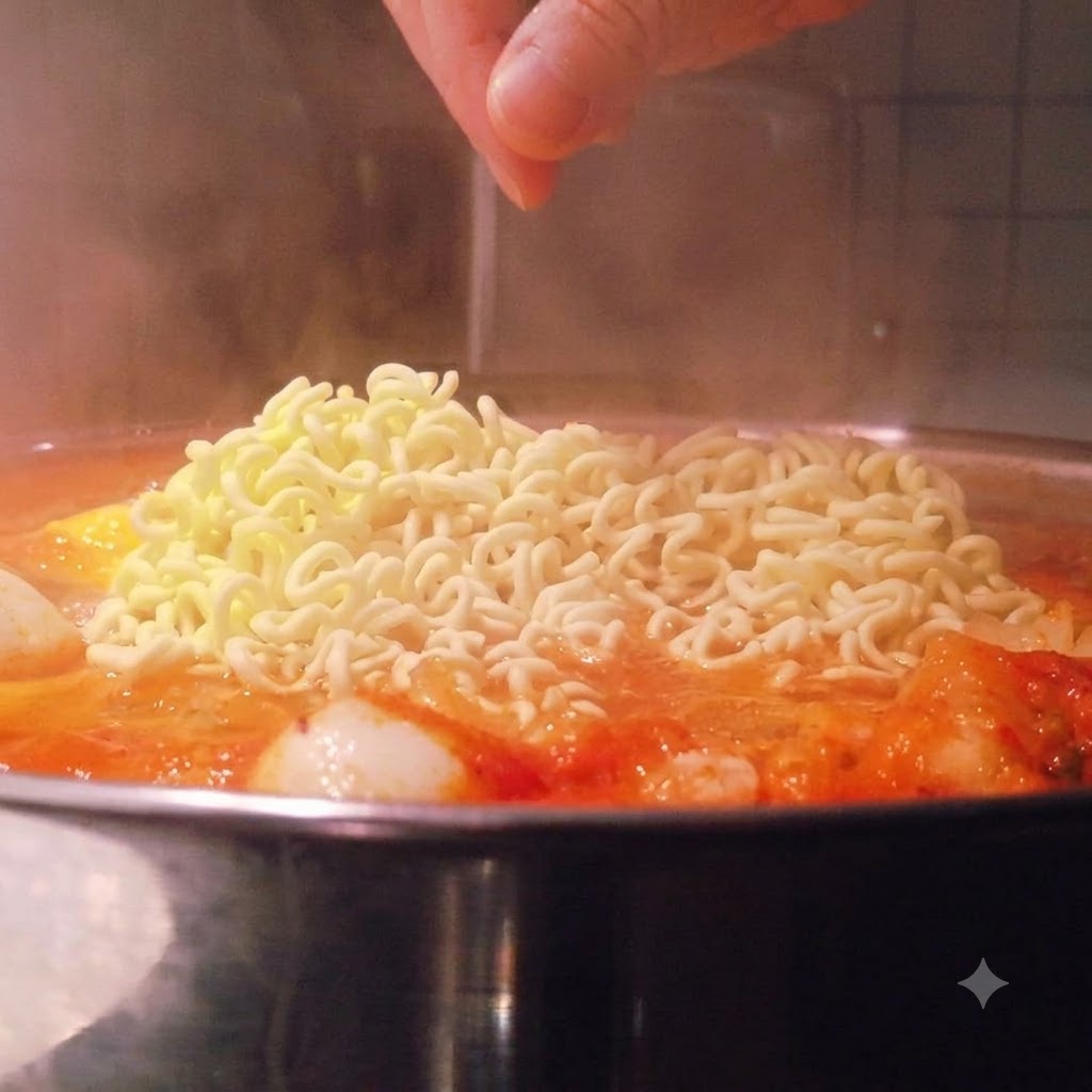 Ein Block Instant-Ramen-Nudeln wird in den blubbernden roten Suppentopf gelegt.