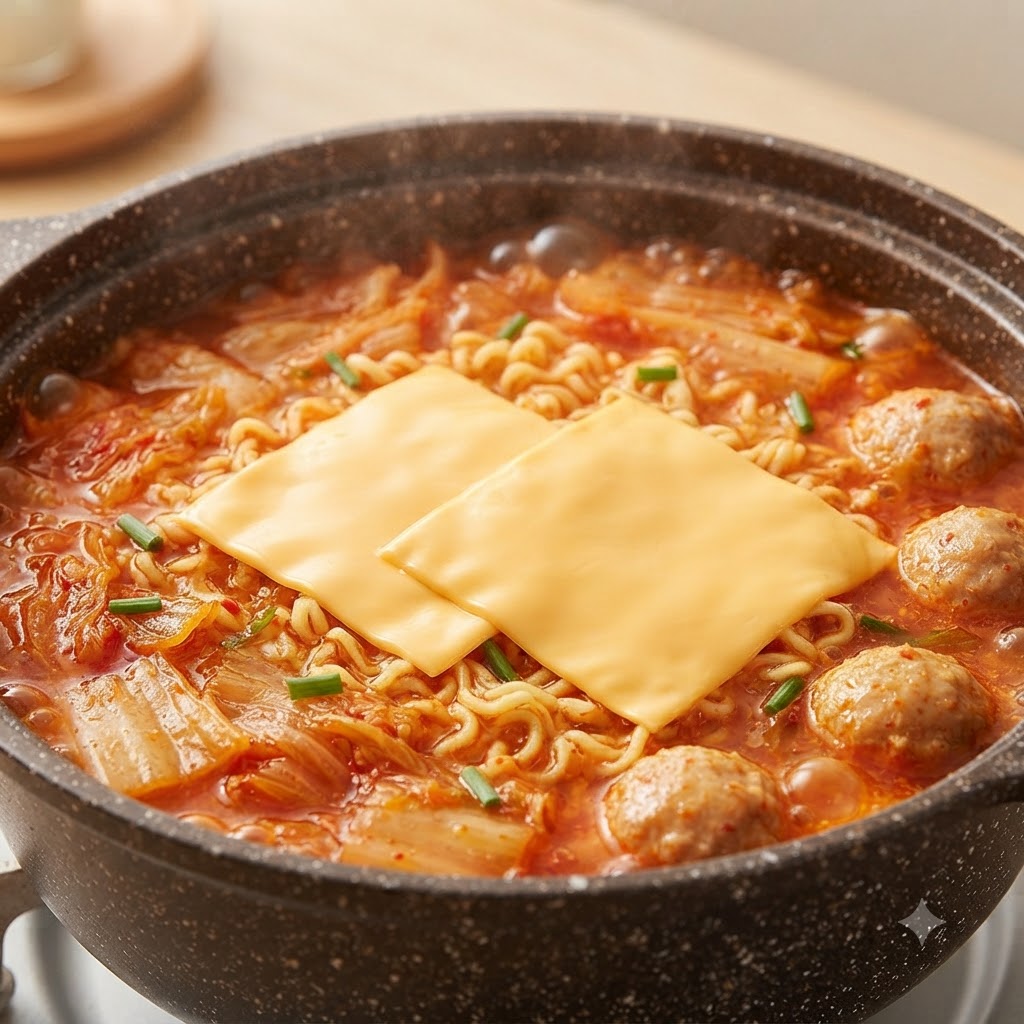 Zwei Scheiben Käse werden oben auf die kochenden Ramen-Nudeln im Topf gelegt.