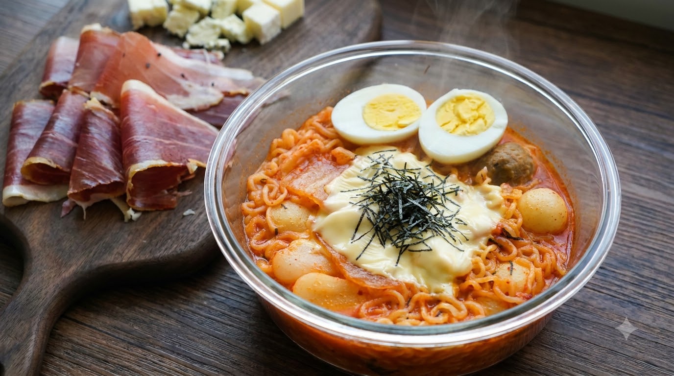 Koreanische Kimchi-Reiskuchen-Suppe mit Ramen und Käse