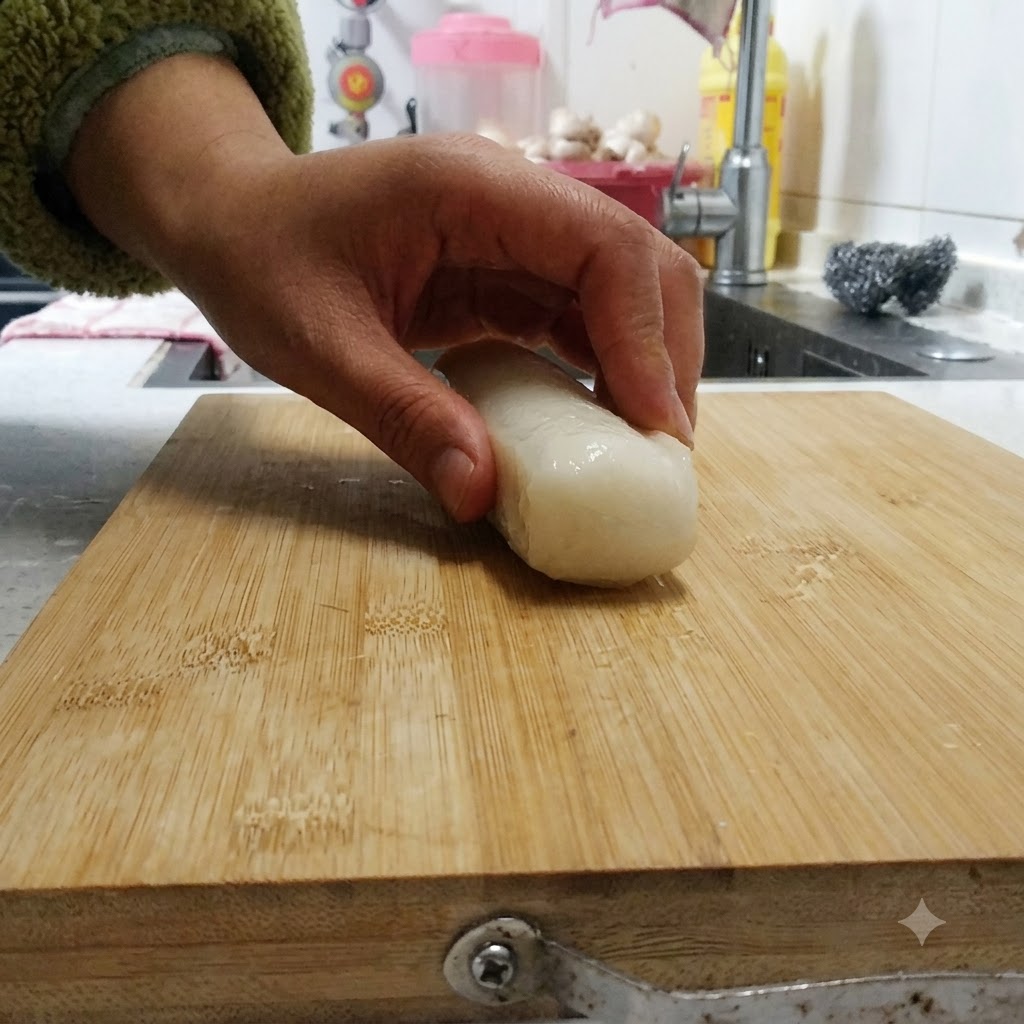 Eine Nahaufnahme eines großen Reiskuchens, der auf einem Holzschneidebrett mit einem schweren Küchenmesser gleichmäßig geschnitten wird.