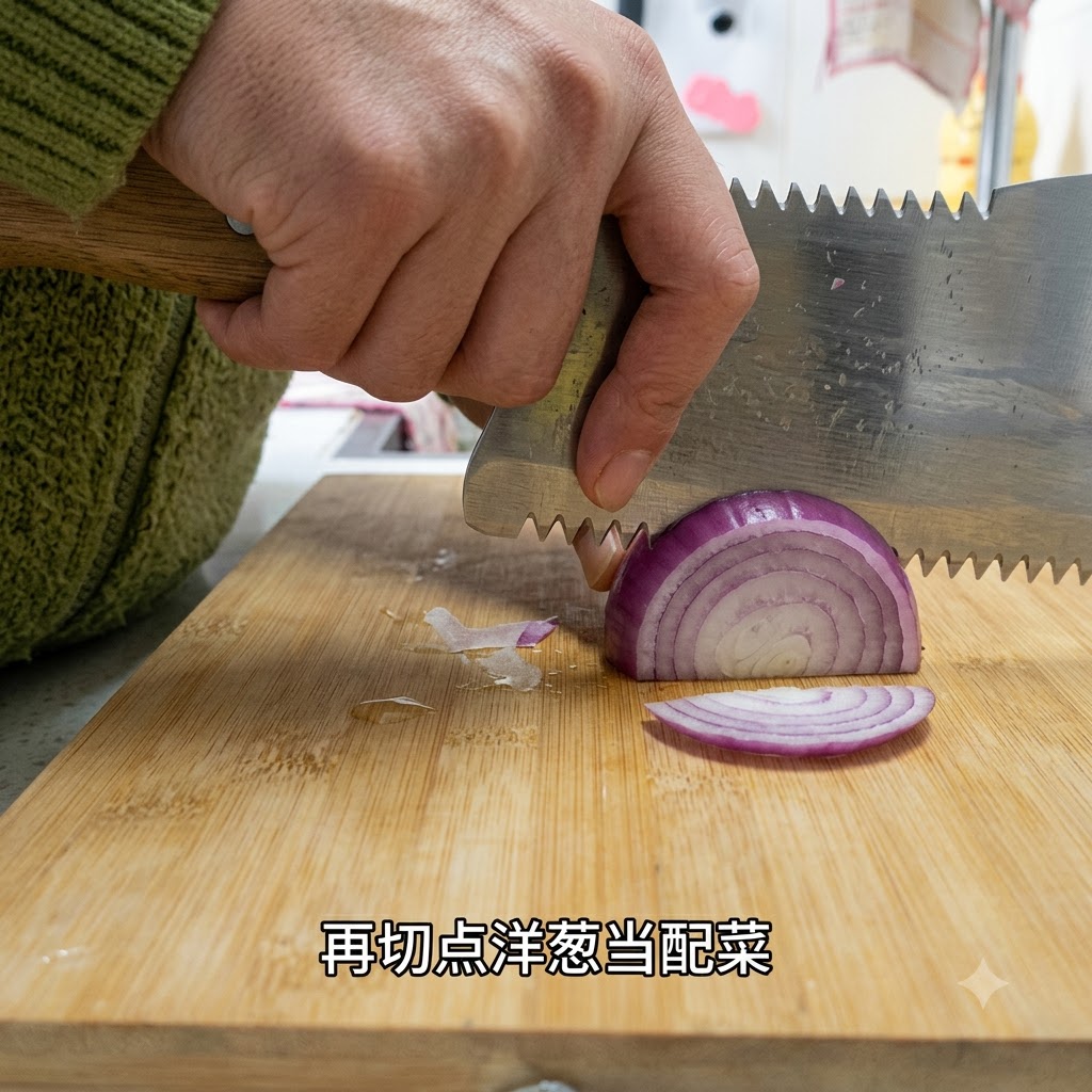 Eine rote Zwiebel wird auf einem Holzbrett mit einem Messer in dünne Scheiben geschnitten.