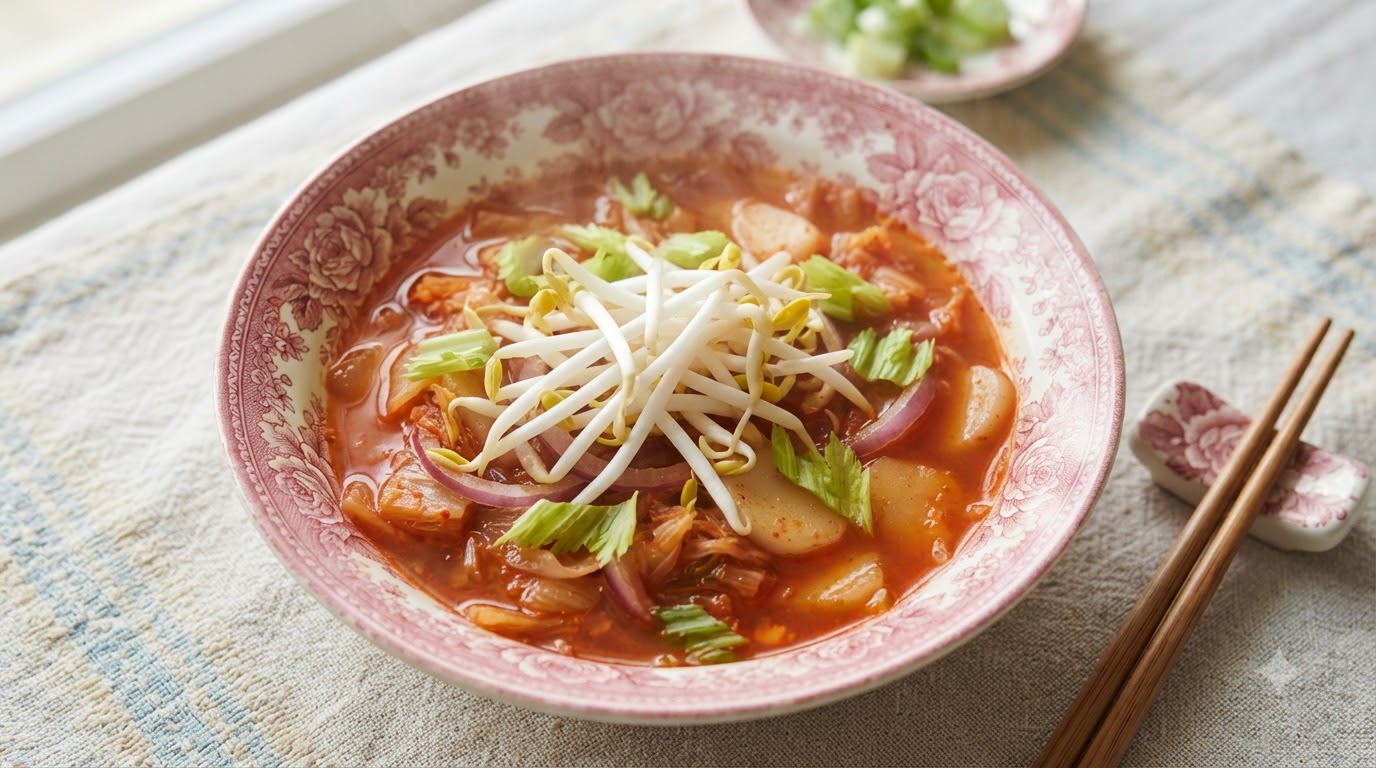 Würzige Kimchi-Reiskuchen-Suppe (Tteokguk)