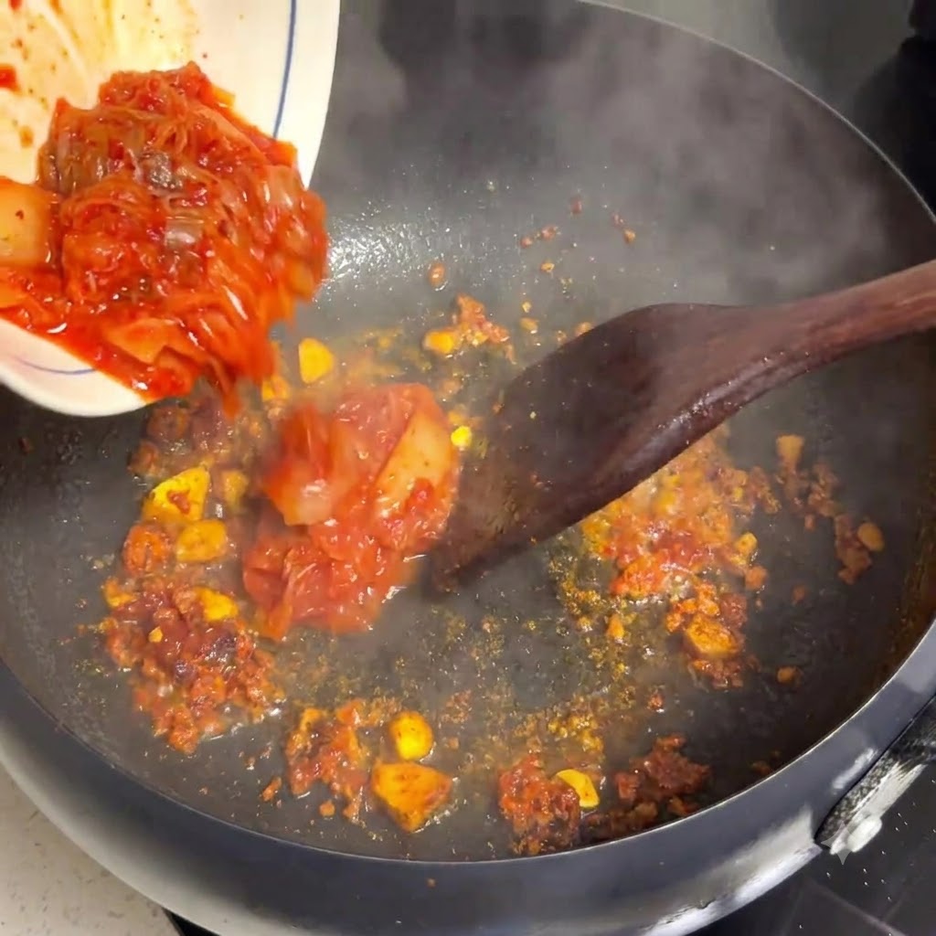 Dünn geschnittenes rohes Rindfleisch wird in eine Pfanne mit Tomaten und Zwiebeln gegeben.