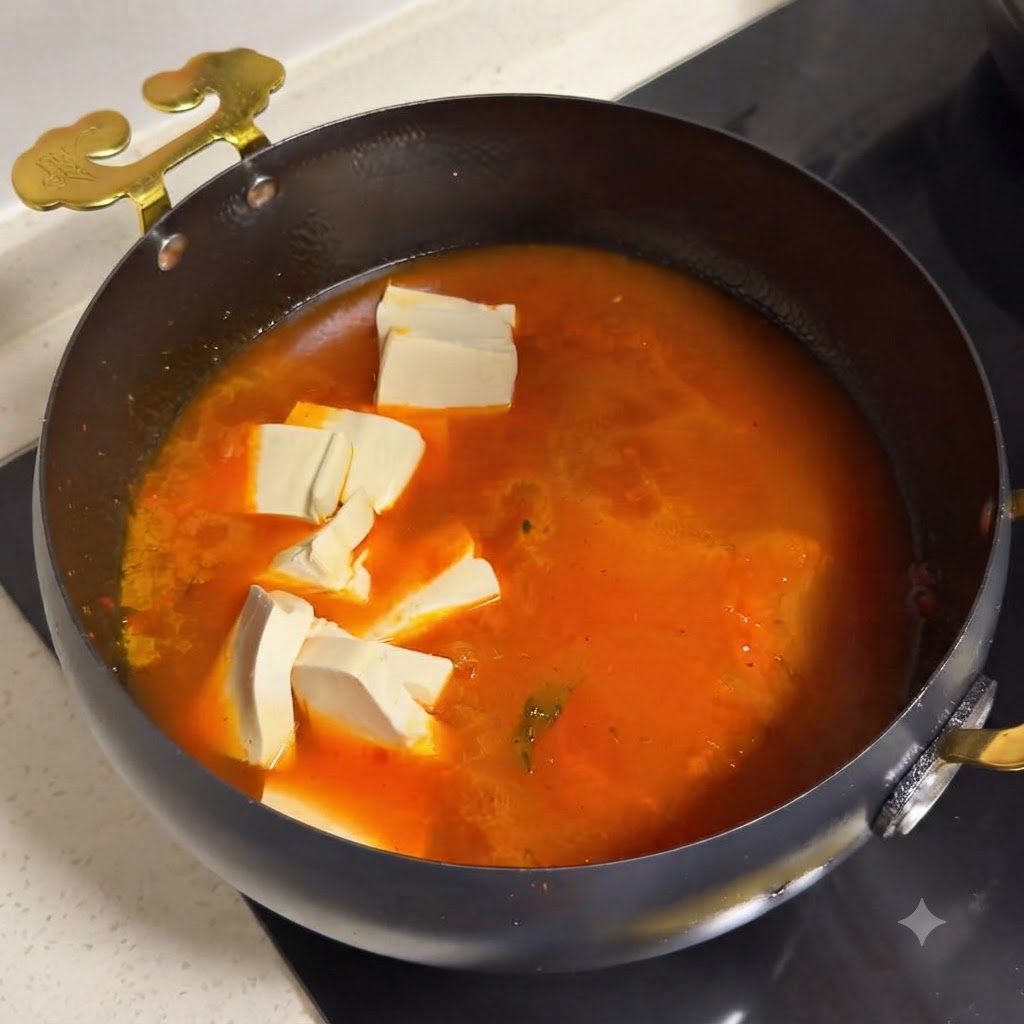Dunkle, würzige Sauce wird in eine Pfanne mit Rindfleisch und Tomaten gegossen.