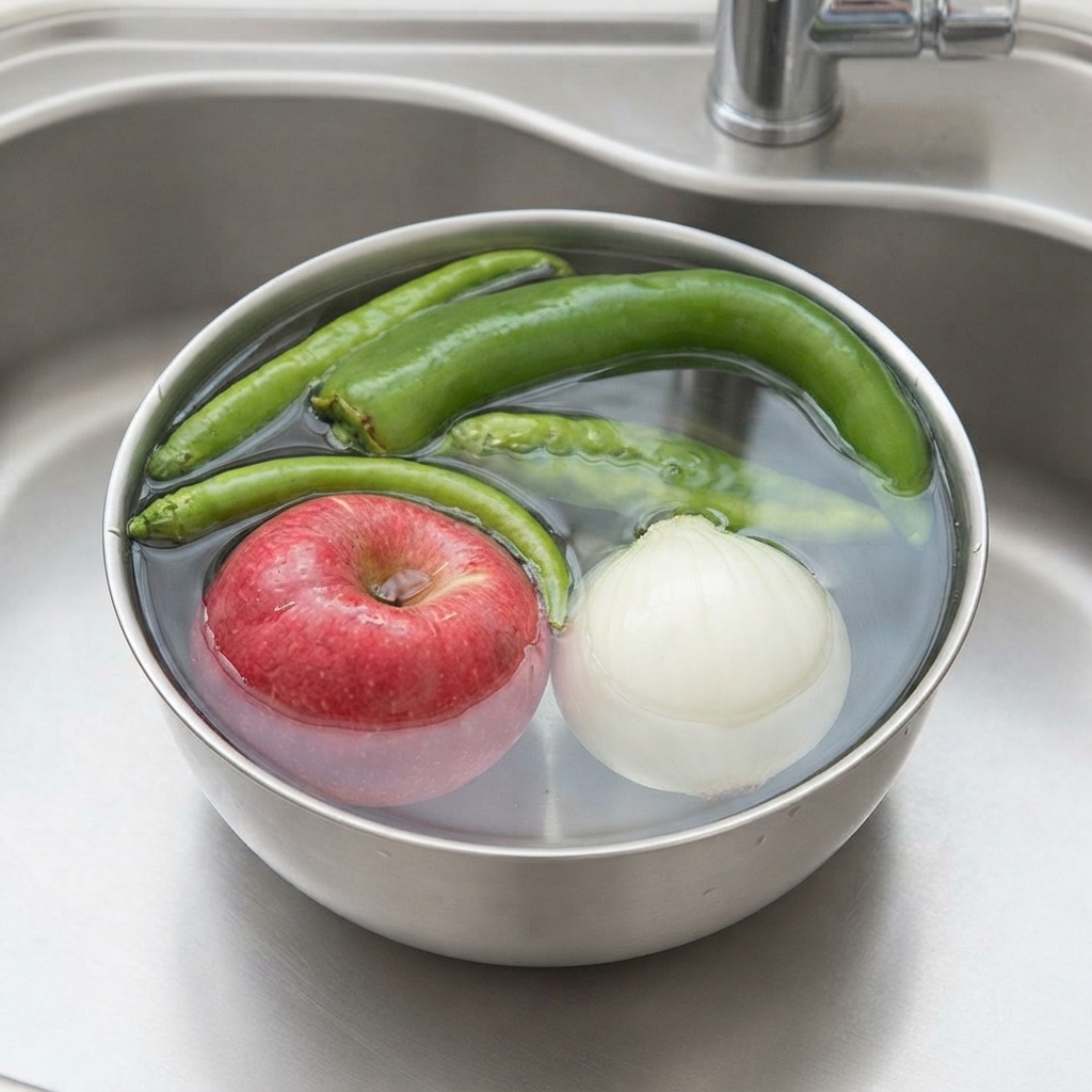 Grüne Peperoni, ein Apfel und eine Zwiebel in einer Metallschnüssel mit Wasser in einer Spüle.