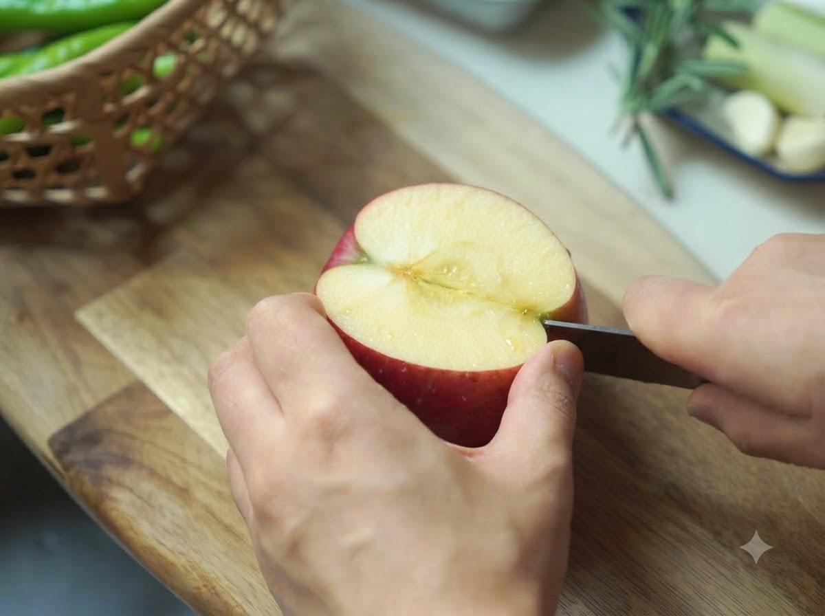 Ein Apfel wird auf einem Holzschneidebrett mit einem in der Hand gehaltenen Messer geschnitten.