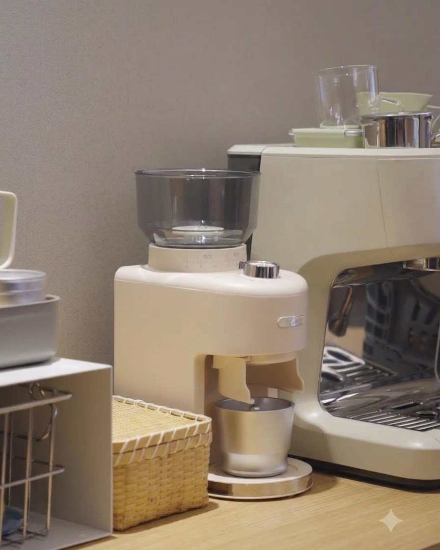 Eine beigefarbene Kaffeemühle auf einer Küchenarbeitsplatte neben einer Espressomaschine.