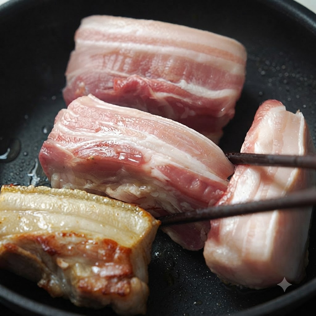 Mehrere Stücke Schweinebauch werden mit Stäbchen in einer Pfanne gewendet, wobei ein Stück eine gebräunte Kruste zeigt.