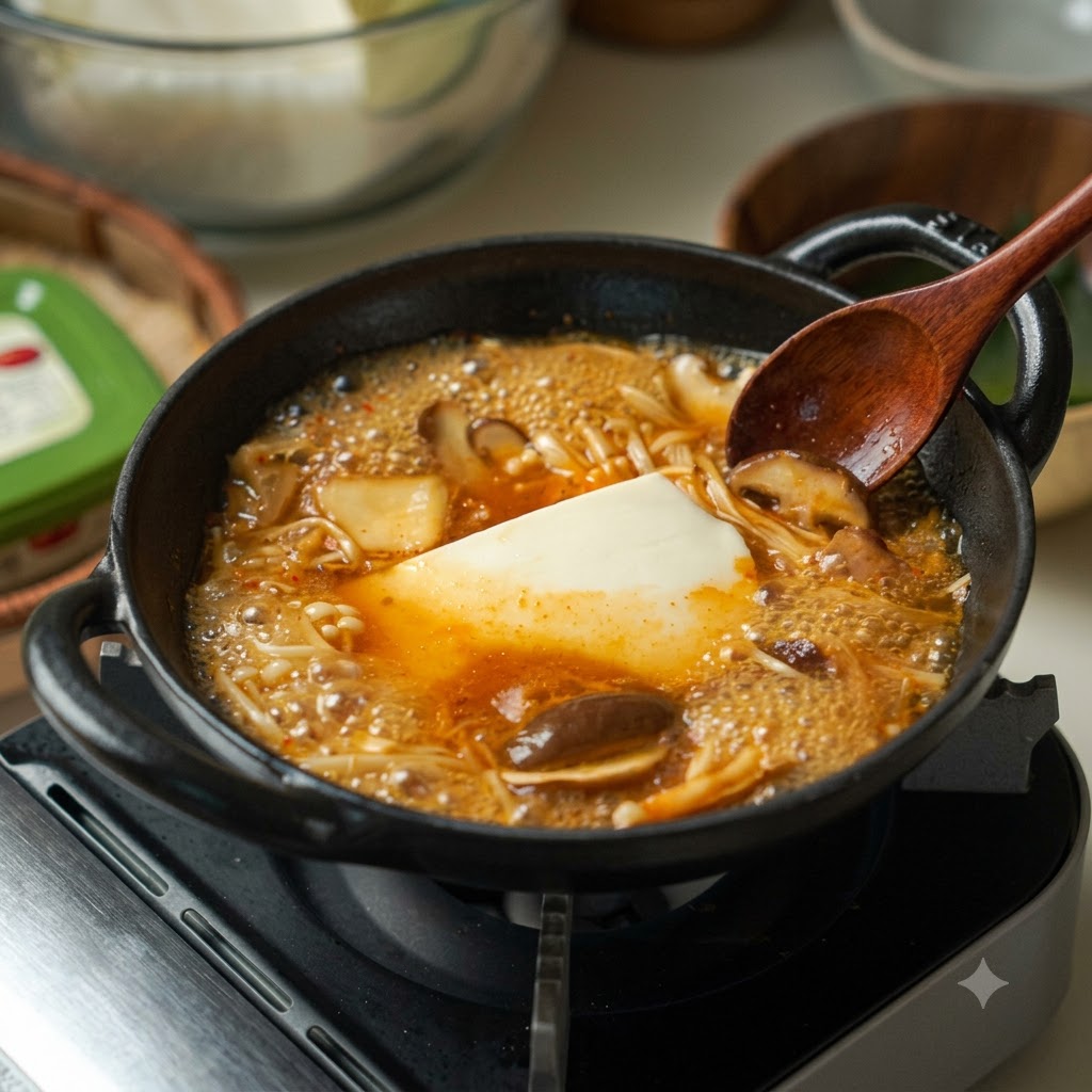 Ein Block Tofu und Pilze kochen in einer dunklen, herzhaften Brühe in einem Gusseisentopf.