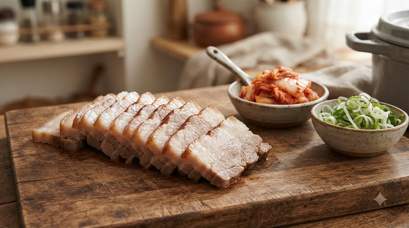 In Scheiben geschnittener koreanischer gekochter Schweinebauch, ordentlich auf einem Holzschneidebrett mit Kimchi und geschnittenen Frühlingszwiebeln angerichtet