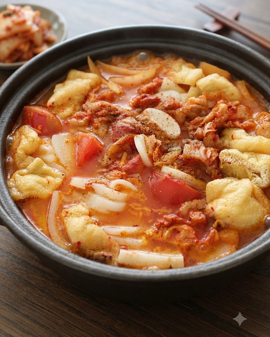 Eine Nahaufnahme von schwarzem Pfeffer, der über einen blubbernden Topf Kimchi-Suppe gestreut wird.