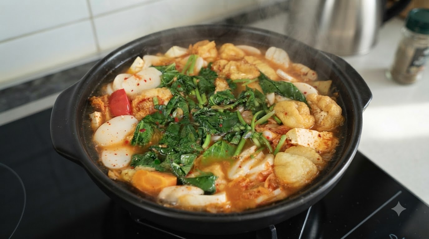 Koreanische Kimchi Reiskuchen Suppe