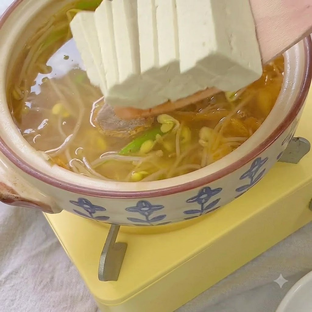 Scheiben von festem Tofu und Fleischbällchen werden in den Suppentopf gegeben.