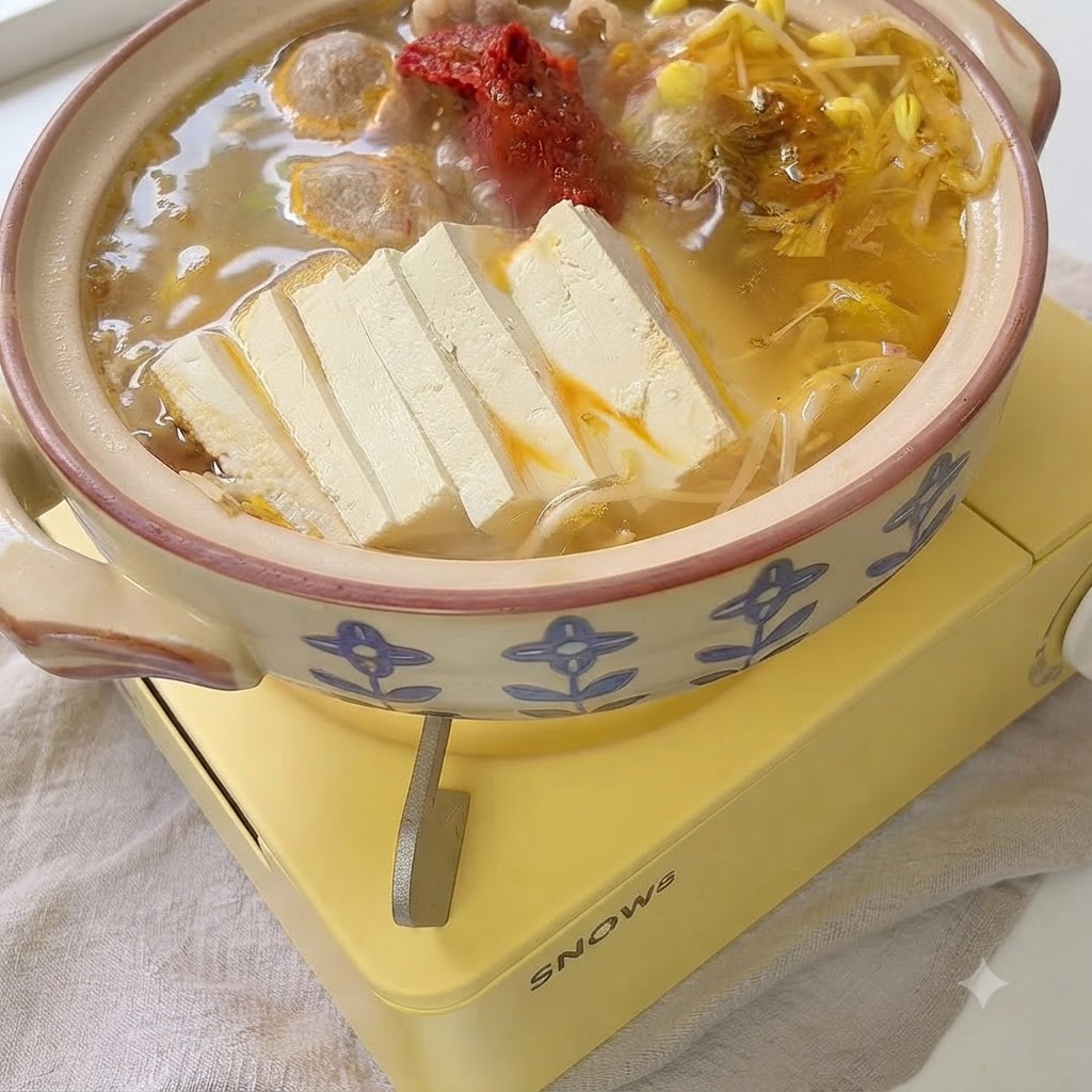 Koreanische Chiliepaste und Gewürze werden in den brodelnden Topf gegeben.