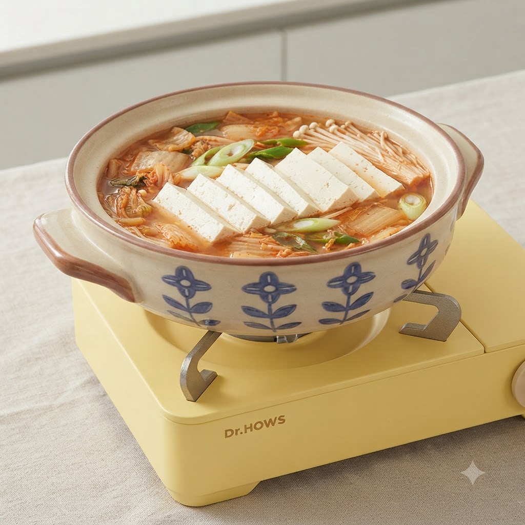 Frische Enoki-Pilze und tiefgekühlte Maultaschen ordentlich in einem köchelnden Topf mit koreanischer Suppe platziert.