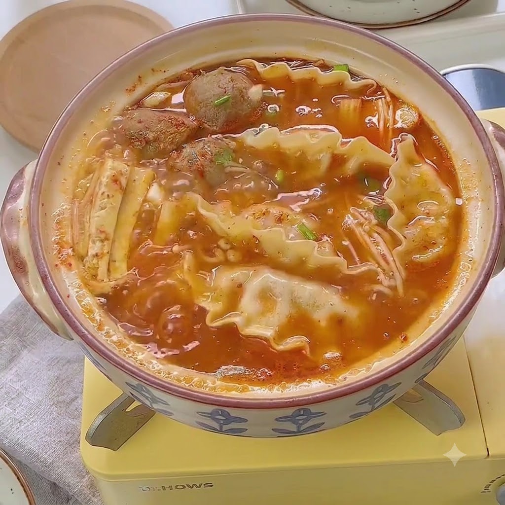 Ein heißer, gekochter Topf mit koreanischer Kimchi-Maultaschen-Suppe, garniert mit gehackten Frühlingszwiebeln und weißen Sesamsamen.