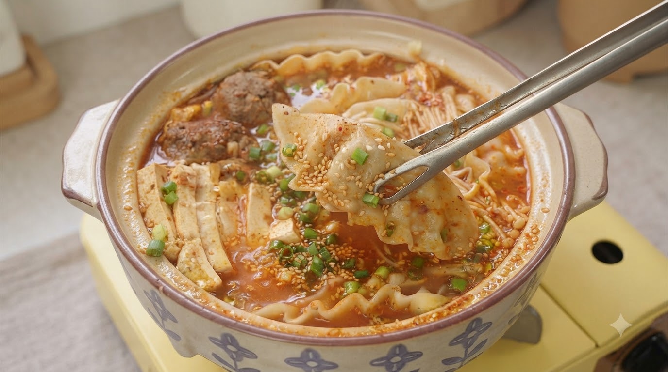 Ein dampfender, heißer koreanischer Kimchi-Maultaschen-Topf, gefüllt mit Maultaschen, Rinder-Fleischbällchen, Tofu, Enoki-Pilzen und einer scharfen roten Brühe.