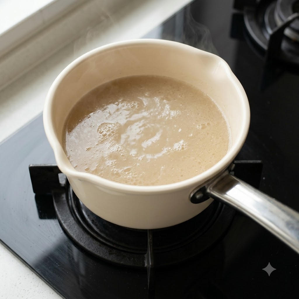 Ein Topf mit milchiger Rinderknochenbrühe köchelt auf dem Herd.