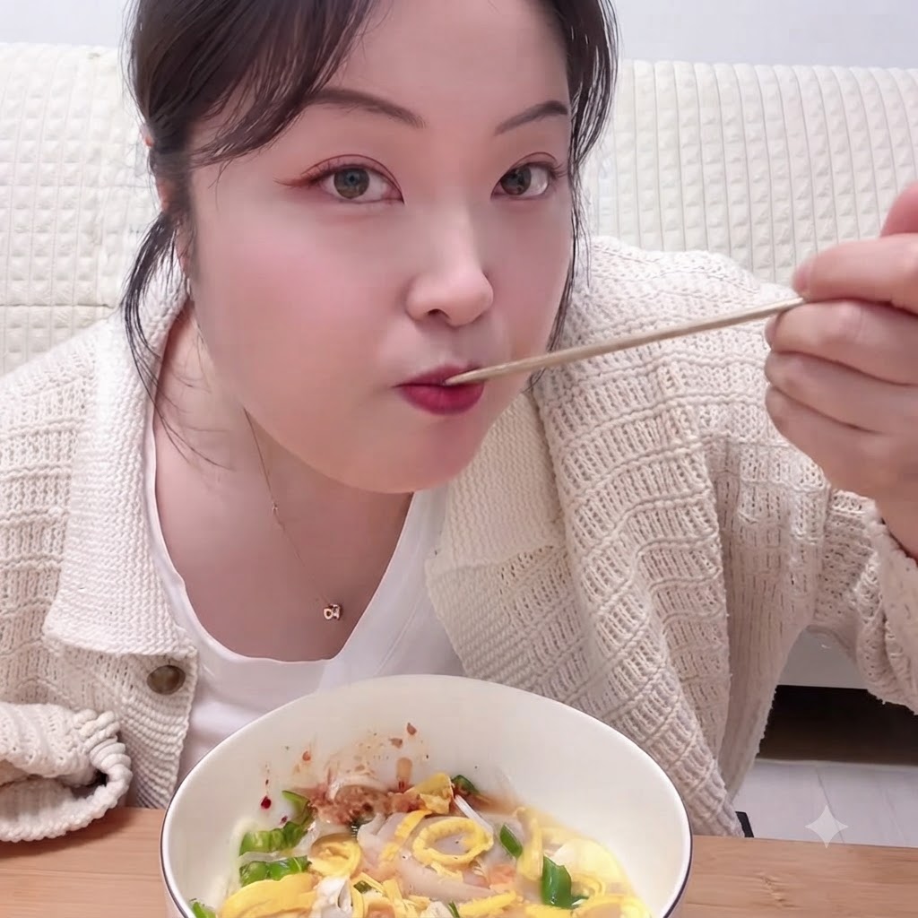 Kimchi-Maultaschen werden in den kochenden Suppentopf getaucht.