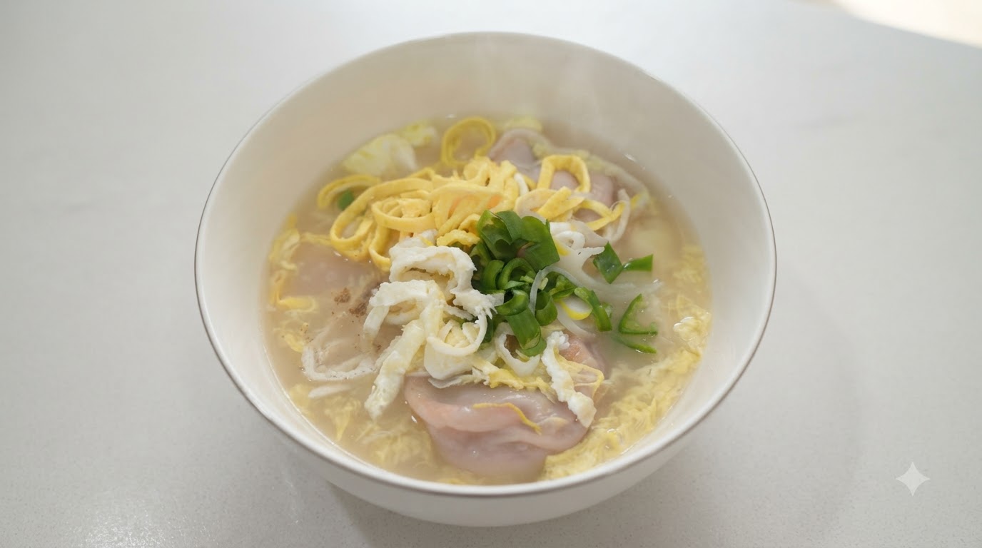 Traditionelle koreanische Reiskuchen- und Maultaschensuppe (Tteokguk)