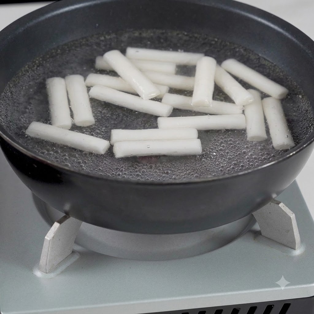 Reiskuchen kochen in Wasser in einem Topf auf einem tragbaren Kocher.