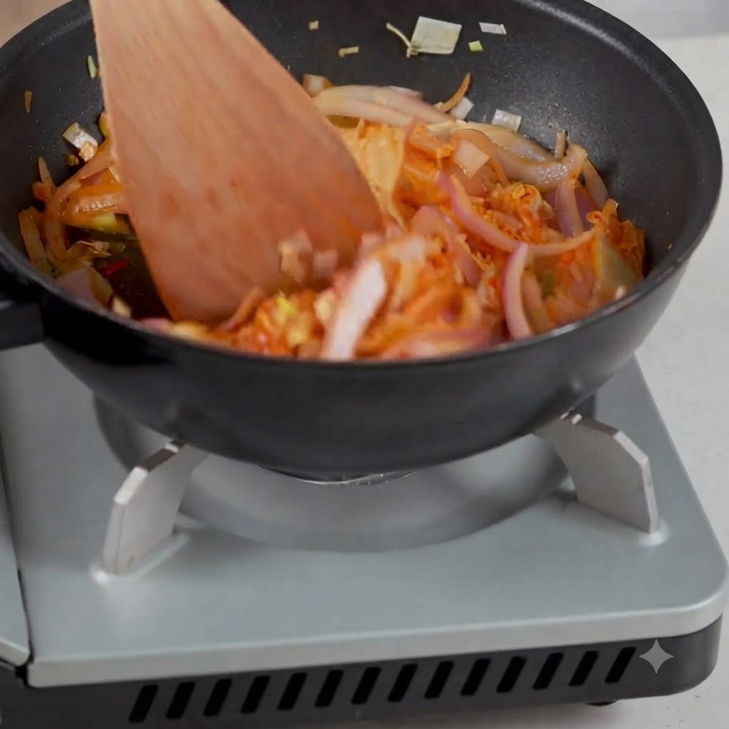 Wasser wird in eine Pfanne mit angebratenem Kimchi und geschnittenen Zwiebeln gegossen.