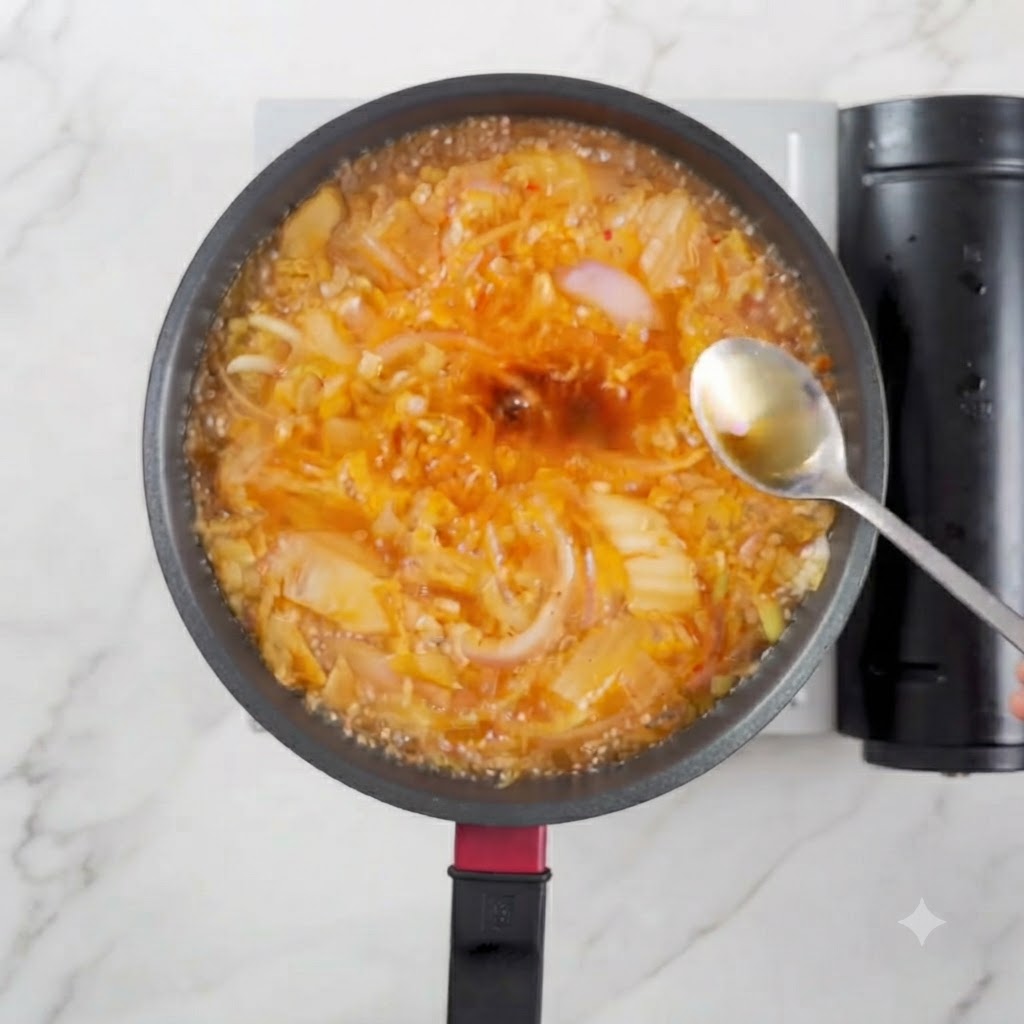 Ein Löffel Sesamöl wird in einen brodelnden Topf Kimchi-Suppe geträufelt.