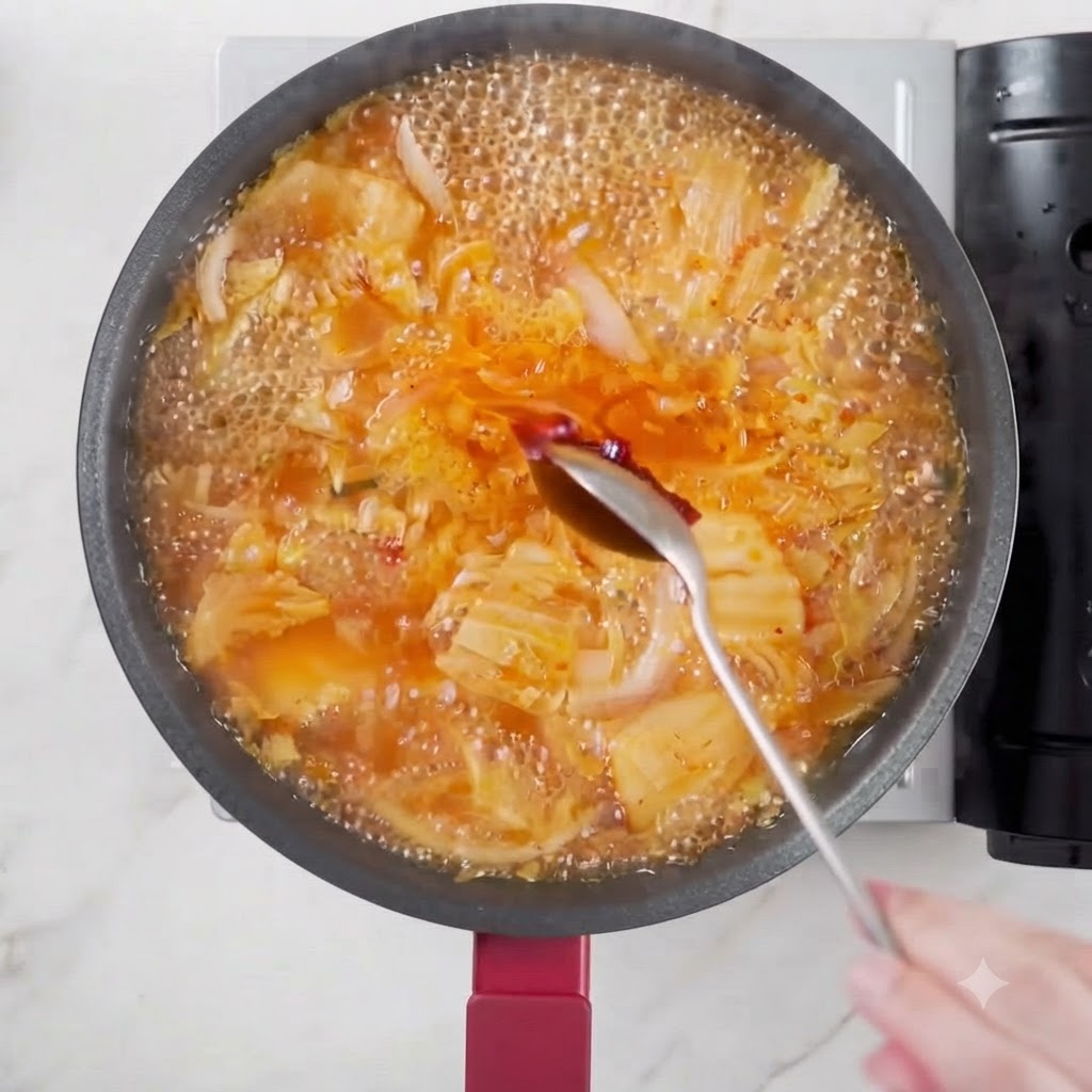 Koreanische scharfe Paste auf einem Löffel wird in die köchelnde Brühe gegeben.