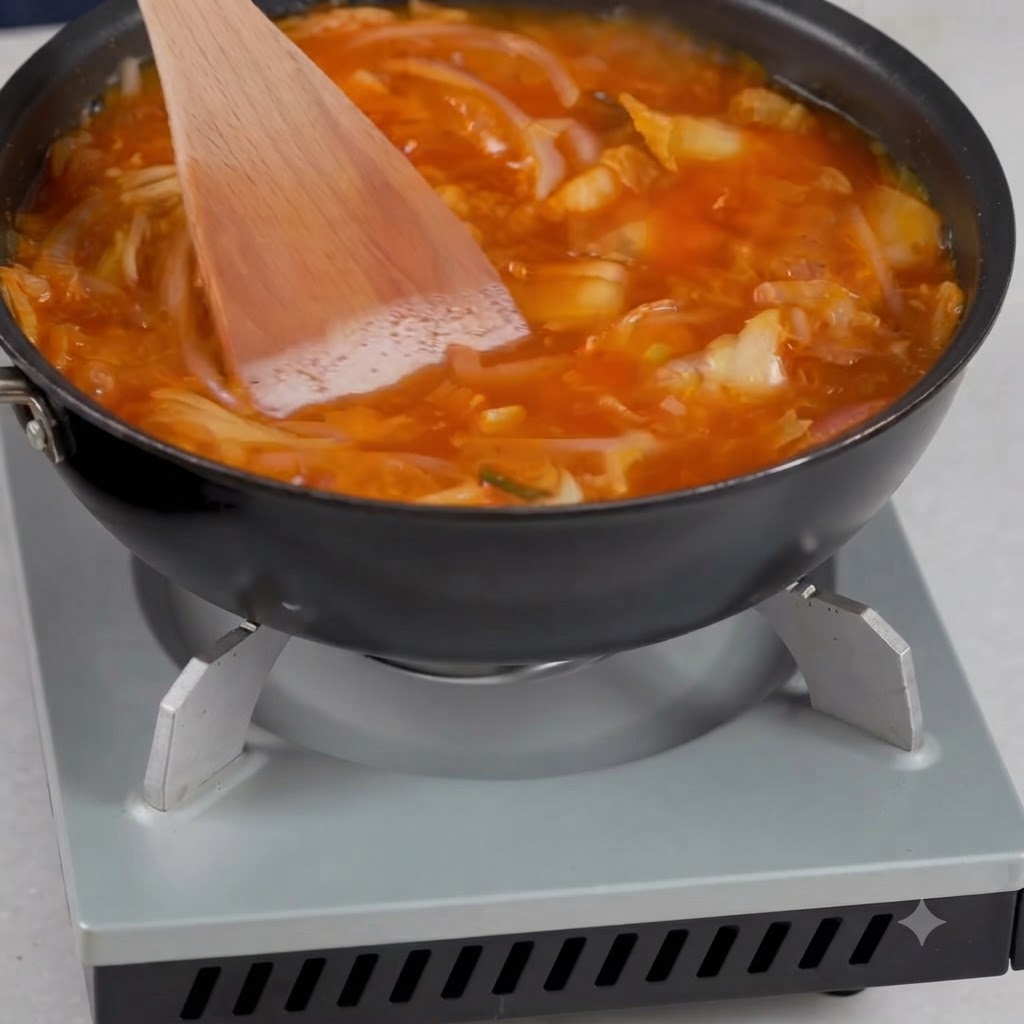 Suppenzutaten und Gewürze werden in einer Pfanne mit einem Holzspatel vermischt.