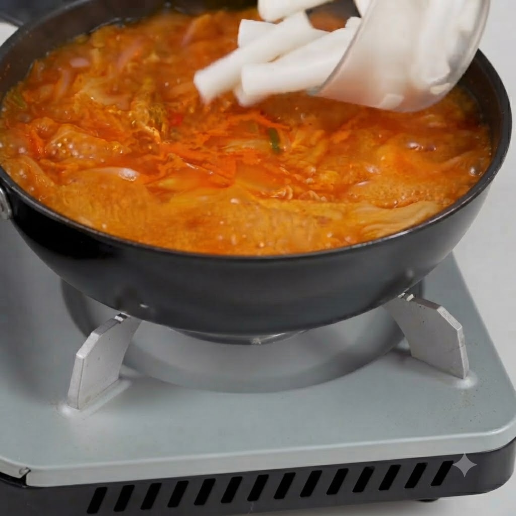 Vorgekochte weiße Reiskuchen werden direkt in einen Topf mit brodelnder roter Kimchi-Suppe gegeben.