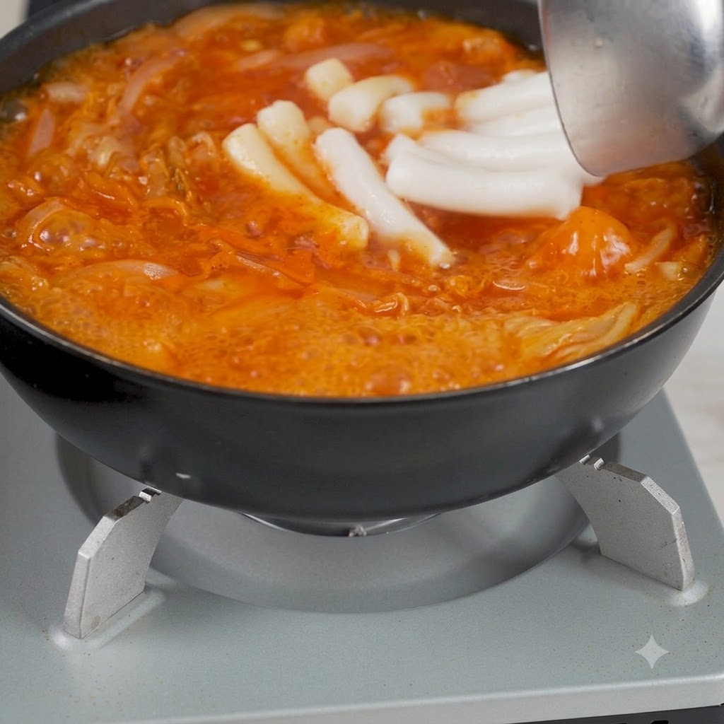 Koreanische Kimchi-Teigtaschen werden mit einem Küchenhelfer in den Topf gegeben.