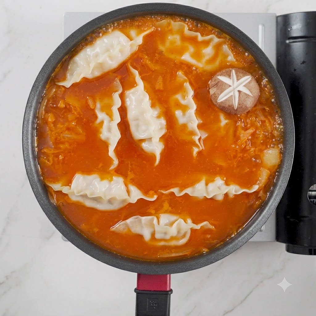 Shiitake-Pilze mit eingeschnitzten Mustern ordentlich auf der Suppe angeordnet.