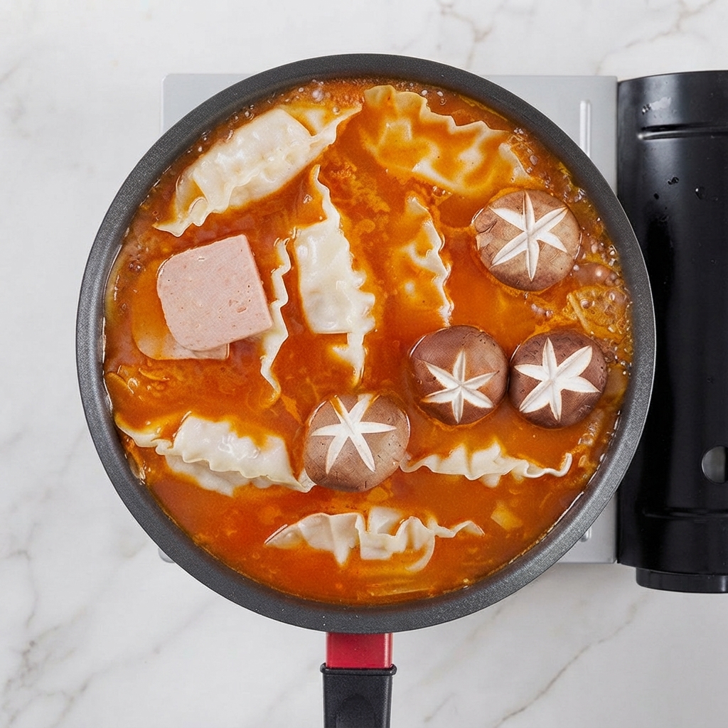 Ansicht von oben auf Teigtaschen, Frühstücksfleisch und Shiitake-Pilze in einer Pfanne mit brodelnder Kimchi-Suppe.