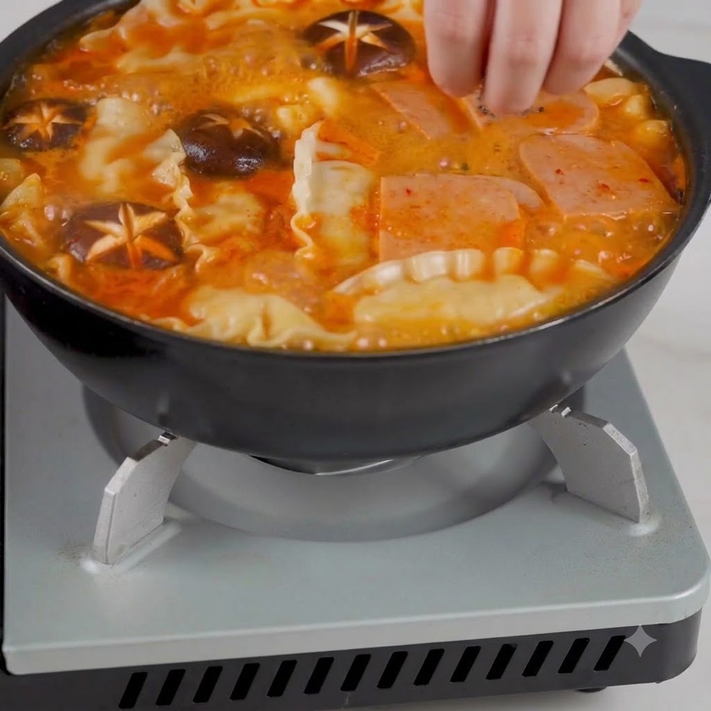 Eine Hand streut Sesamkörner und gehackte Frühlingszwiebeln über eine brodelnde Pfanne mit koreanischer Kimchi-Suppe.
