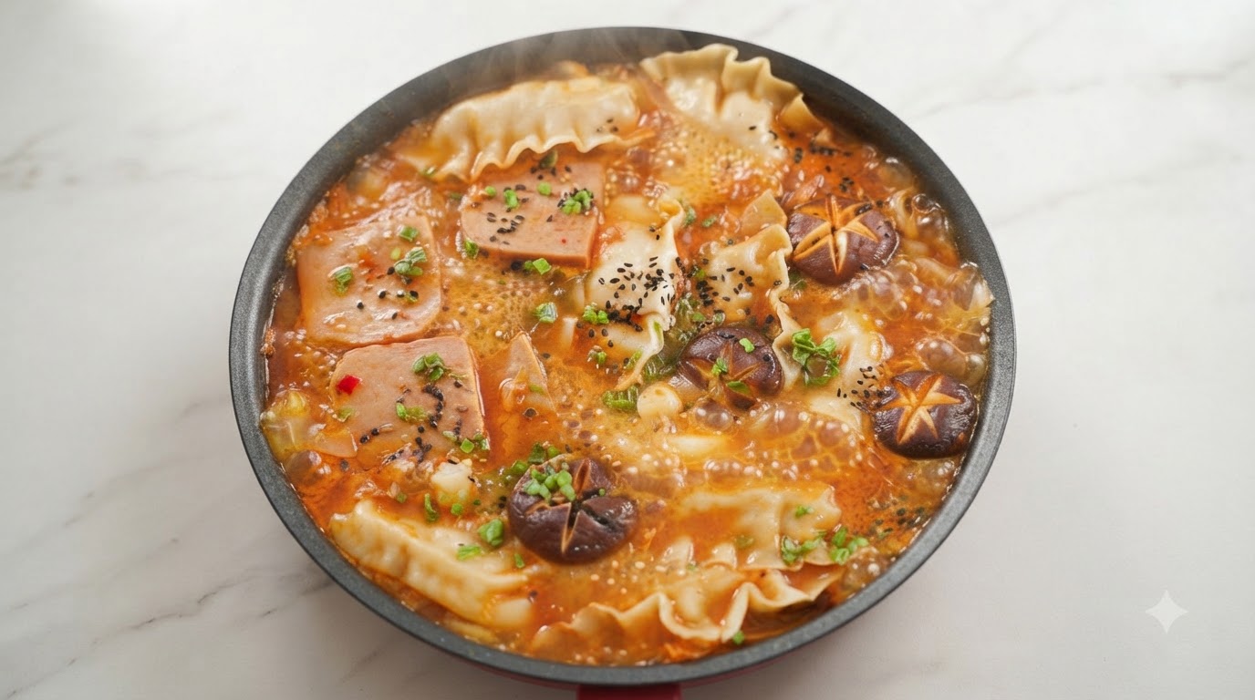 Koreanische Kimchi Reiskuchen Teigtaschen Suppe (Tteok-mandu-guk)