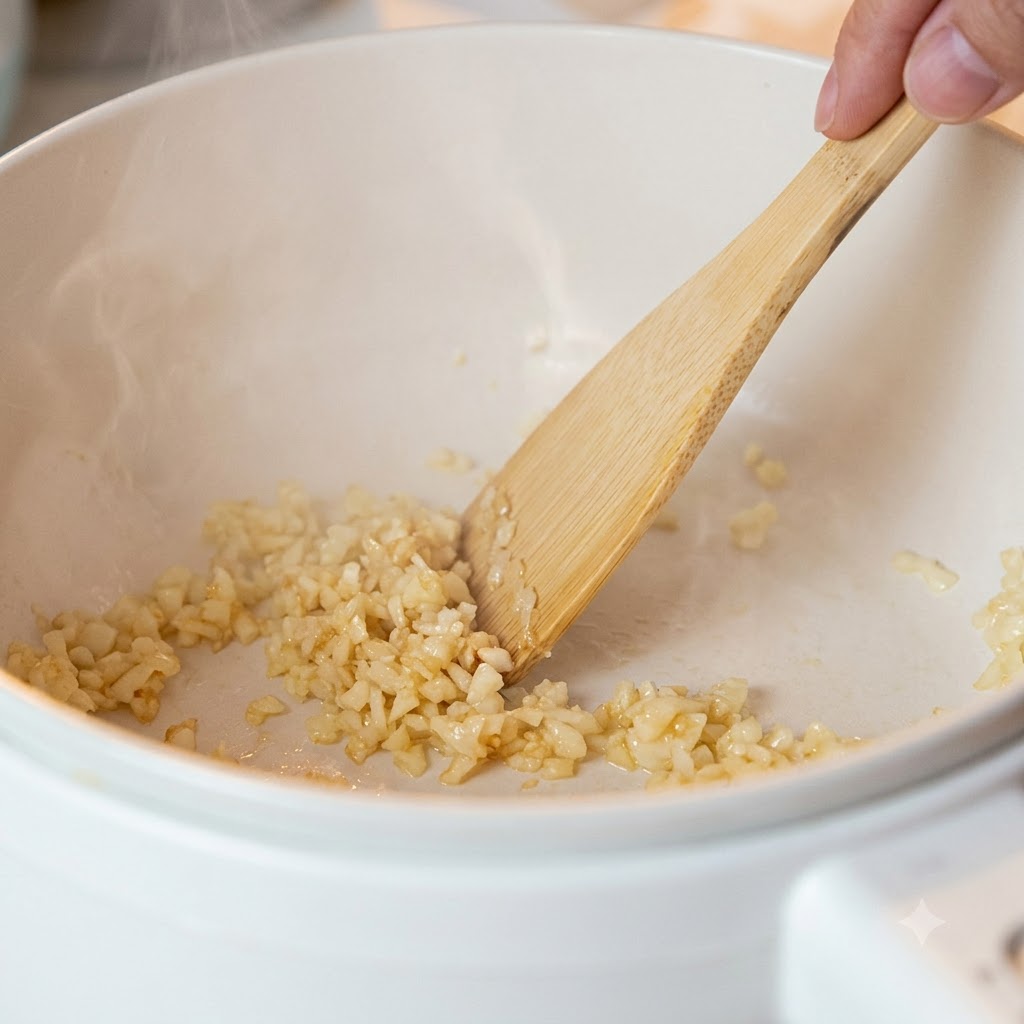 Gehackter Knoblauch bratzelt in einem weißen Topf und wird mit einem Holzspatel umgerührt.