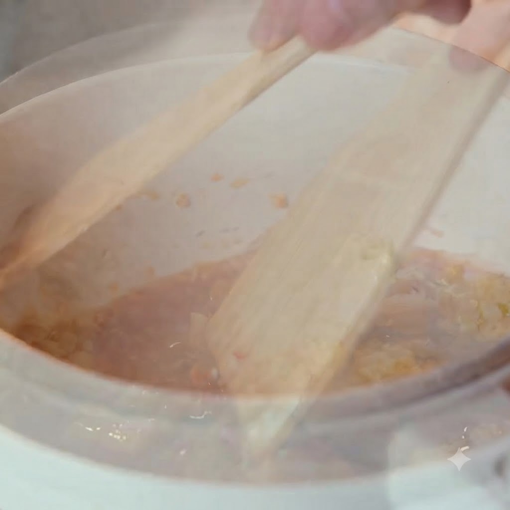 Gehacktes Kimchi wird mit Holzspateln in den Topf gemischt.
