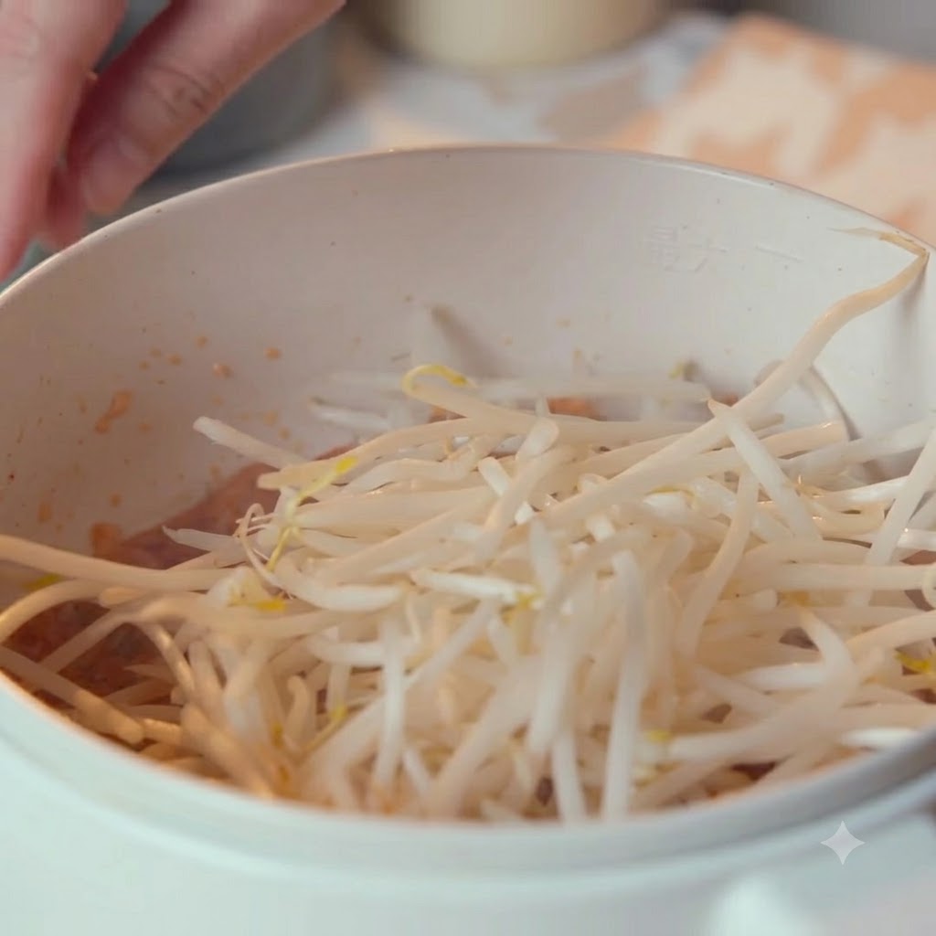 Eine Handvoll frischer Sojasprossen wird über das Kimchi in den Topf geschichtet.