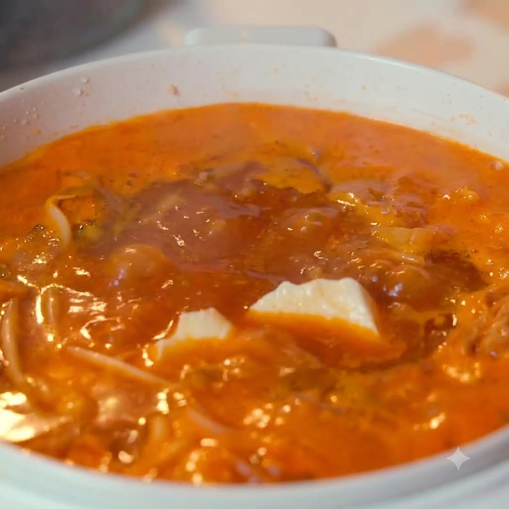 Stücke von seidenweichem Tofu schwimmen in der köchelnden, orangen Suppe.